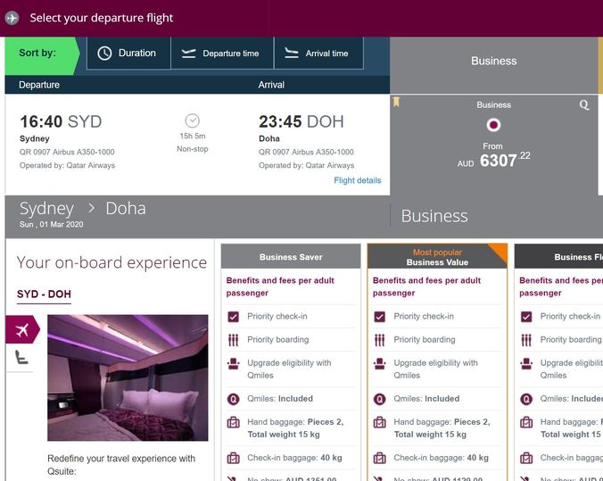 Look for the 'Q' symbol in the upper-right corner, which signifies a Qsuites flight.